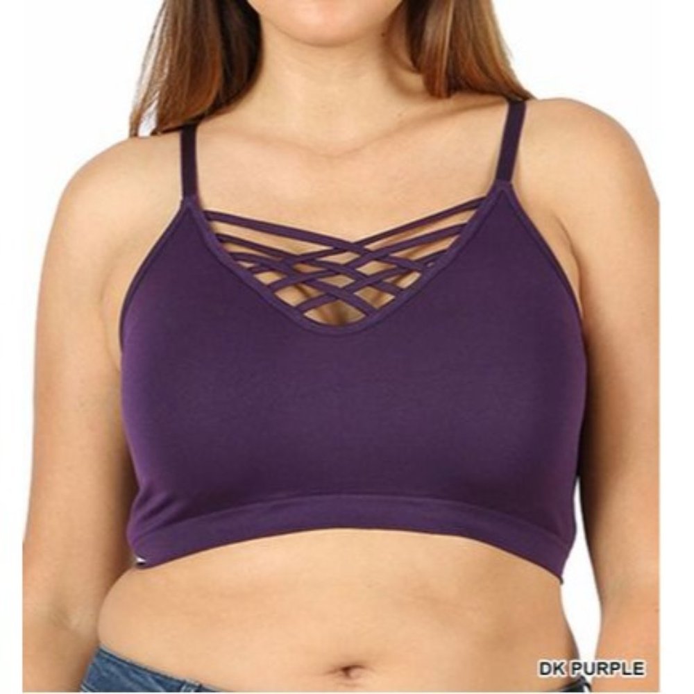 NWOT Zenana Dk Purple Front V Lattice Bralette Removable Pad Sizes 2X/3X